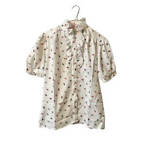 60s Vintage Women S M Ruffle Blouse Semi Sheer Shirt Mod Geometric 10 Pins